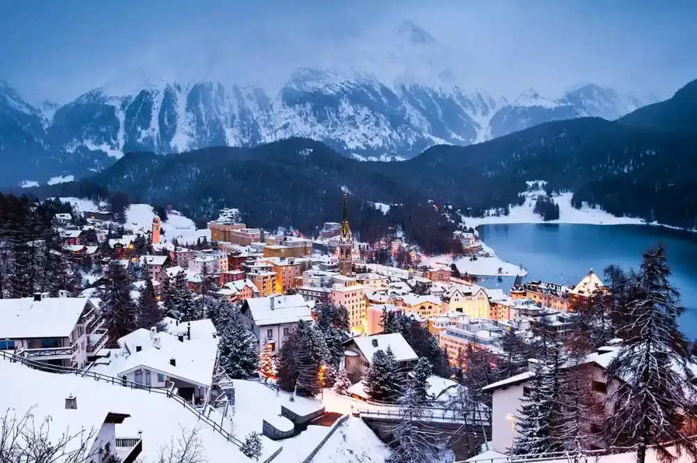 St. Moritz, a town in the Engadine Valley in Switzerland